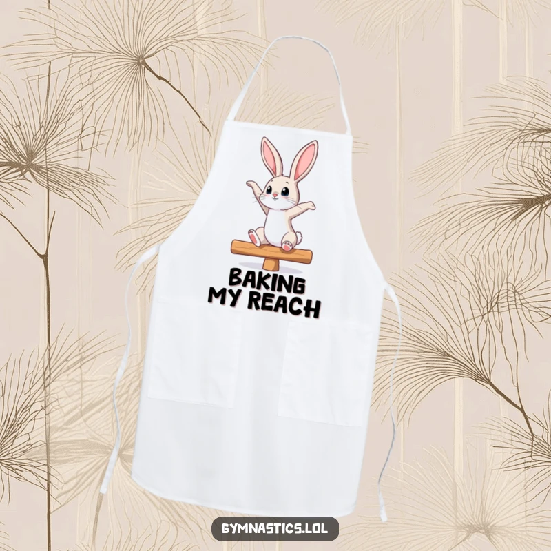 Funny bunny apron featuring a curious bunny stretching on a balance beam, looking up, ideal for adding humor and a touch of fitness to cooking.