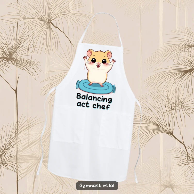 Funny apron showing a plump hamster with wide eyes attempting a shaky handstand, ready for kitchen mishaps with humorous flair.