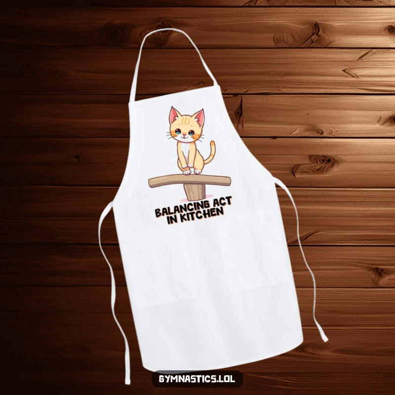 Funny apron showing a cute kitten balancing on a beam while preparing food, adding a humorous touch to kitchen activities.