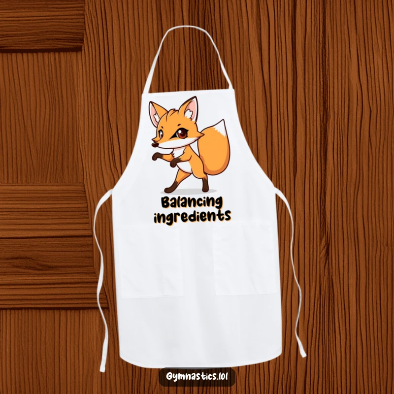 Funny apron with a determined fox balancing on one leg, big eyes focused, perfect for kitchen antics.