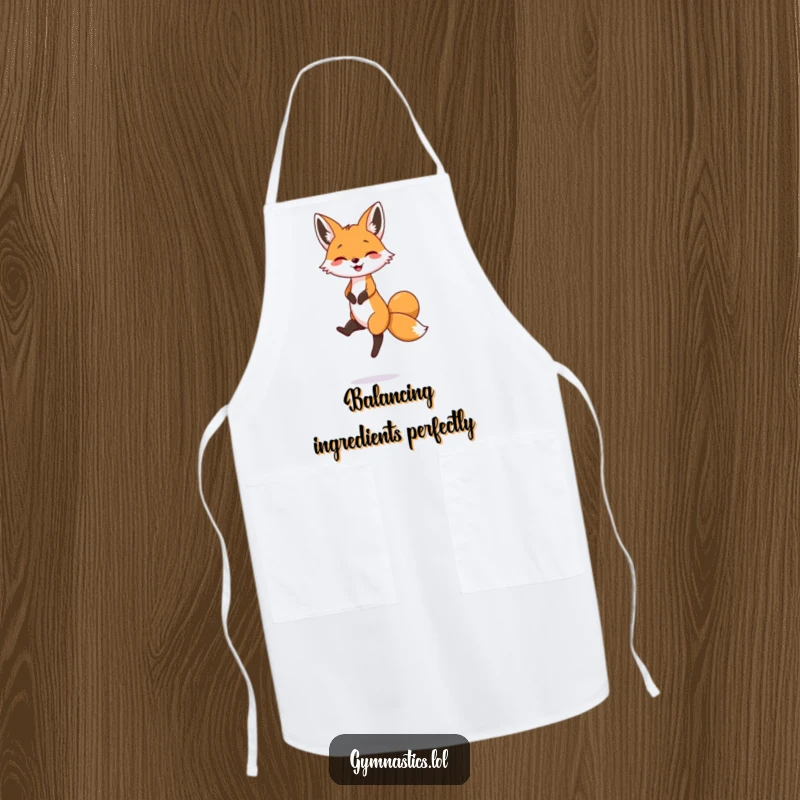 Funny apron featuring a smiling fox masterfully balancing on one slender foot, ready for any kitchen adventure.