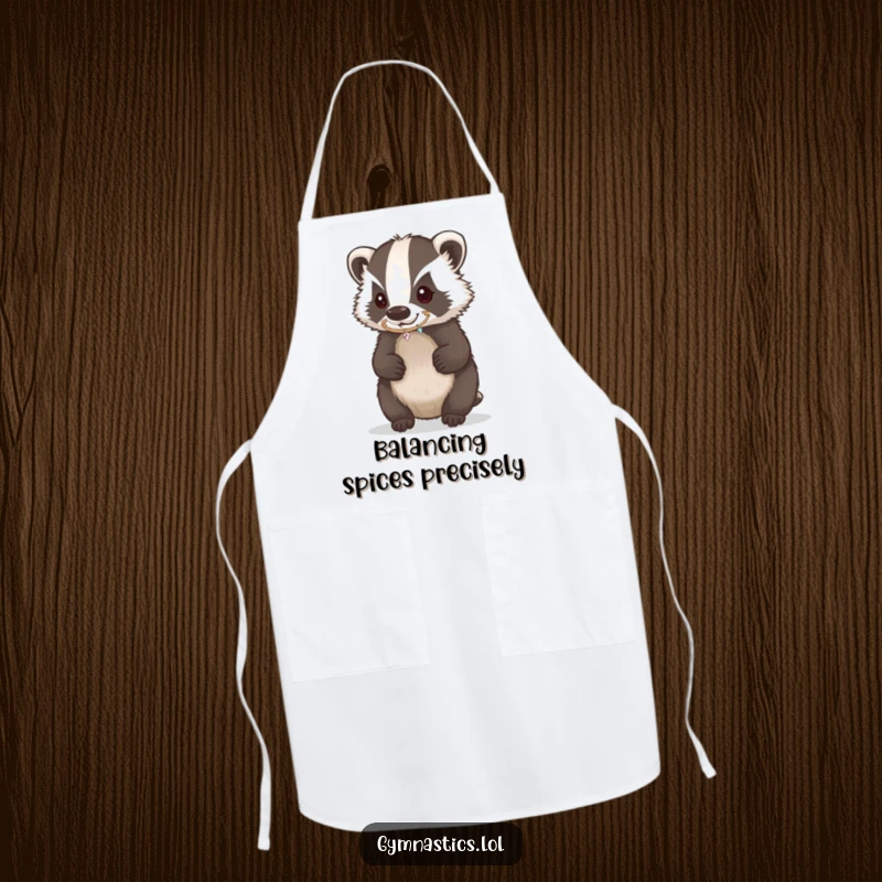 Funny Badger Apron featuring a determined badger balancing a hoop on its nose, bringing humorous focus to the kitchen.