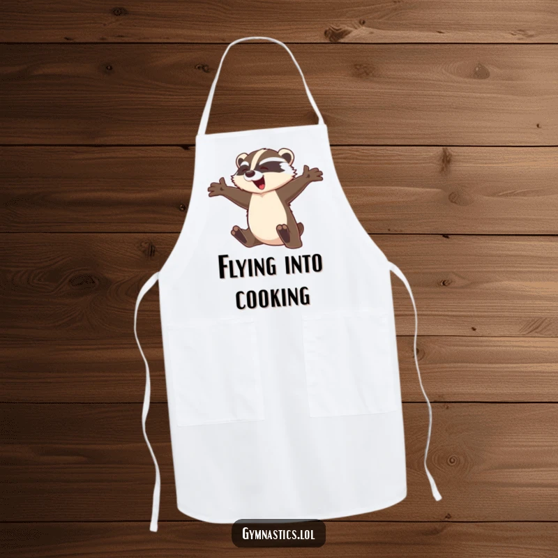 Funny badger apron showing a graceful badger leaping mid-flight with arms outstretched, making kitchen tasks more fun and expressive.