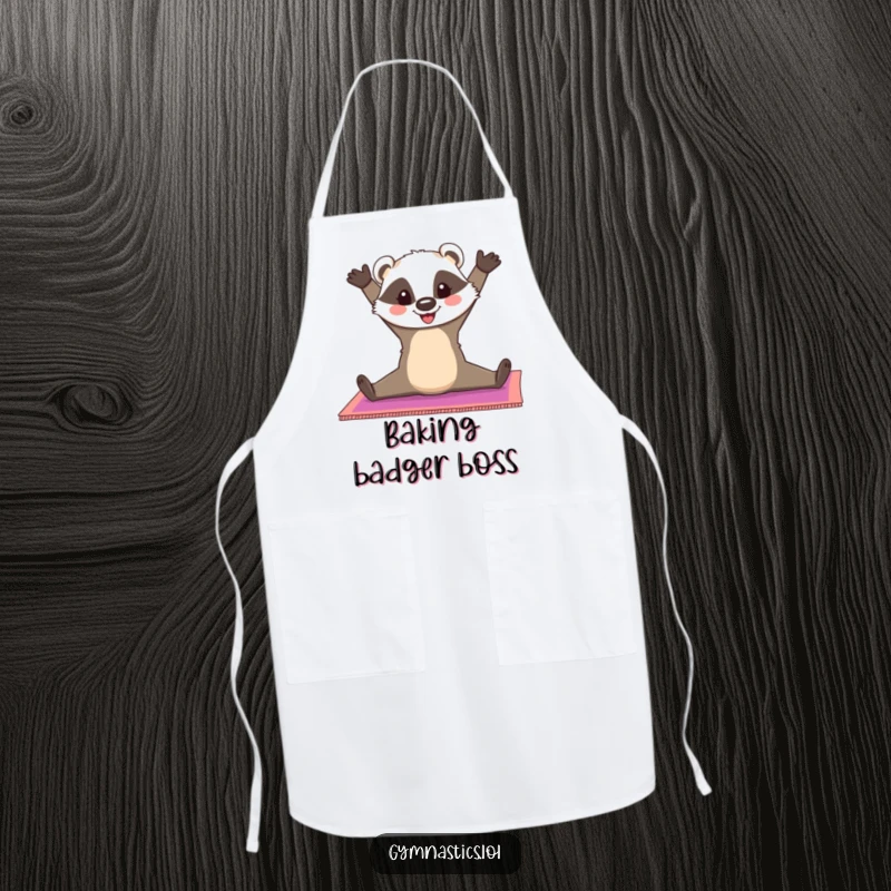 Funny Badger Apron: A cheerful badger does a split on a colorful gymnastics mat, bringing kitchen flexibility and cheerful humor, a fantastic funny gift.