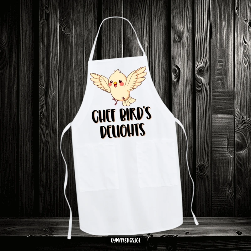 Funny Bird Apron: A bouncing bird does a somersault, wings spread wide, bringing kitchen energy and avian humor, a fantastic funny gift.