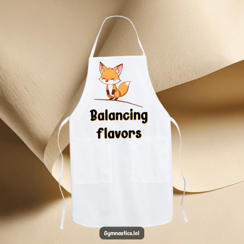 Funny fox apron showing a determined fox precariously balancing on a balance beam, for a humorous cooking experience.