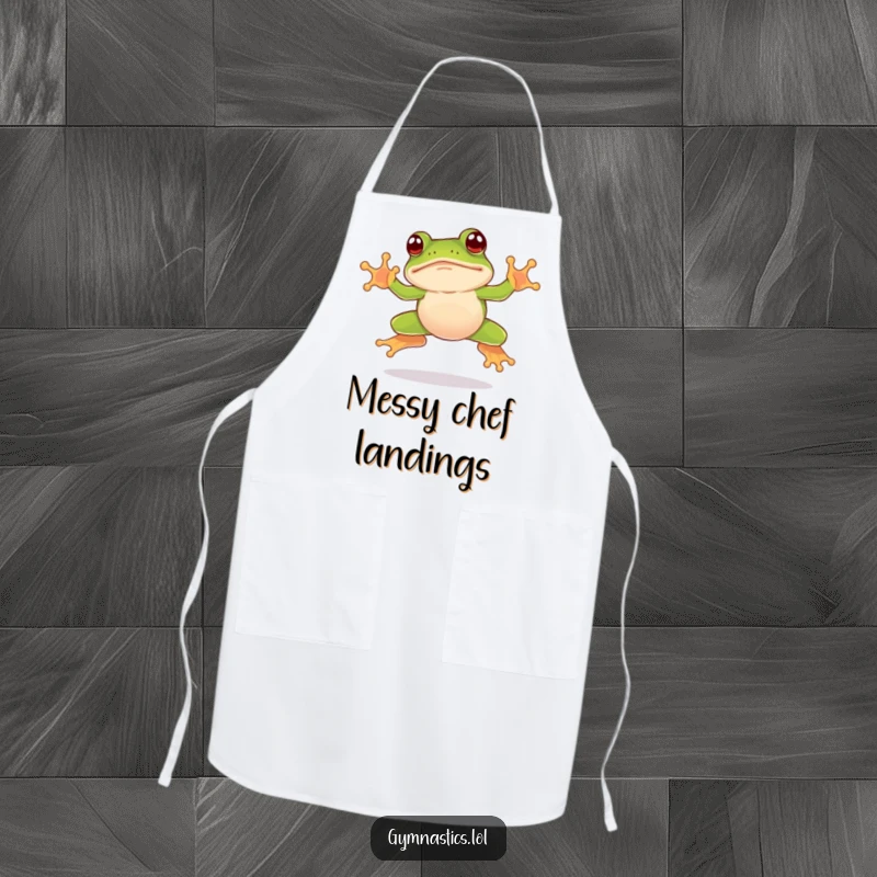 Funny frog apron showing a leaping frog landing awkwardly on its nose, bringing clumsy humor to the kitchen.