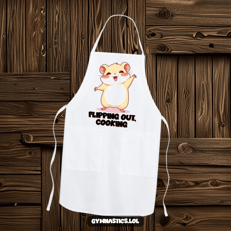 Funny chubby hamster cartwheel apron, depicted mid-cartwheel with a proud smile, adding a humorous and celebratory touch to any kitchen task.