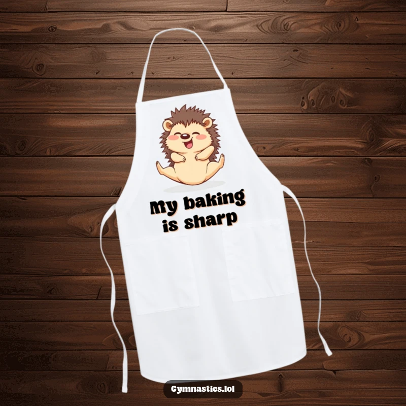 Funny hedgehog in a split pose on a humorous apron, designed for kitchen activities with flexibility.