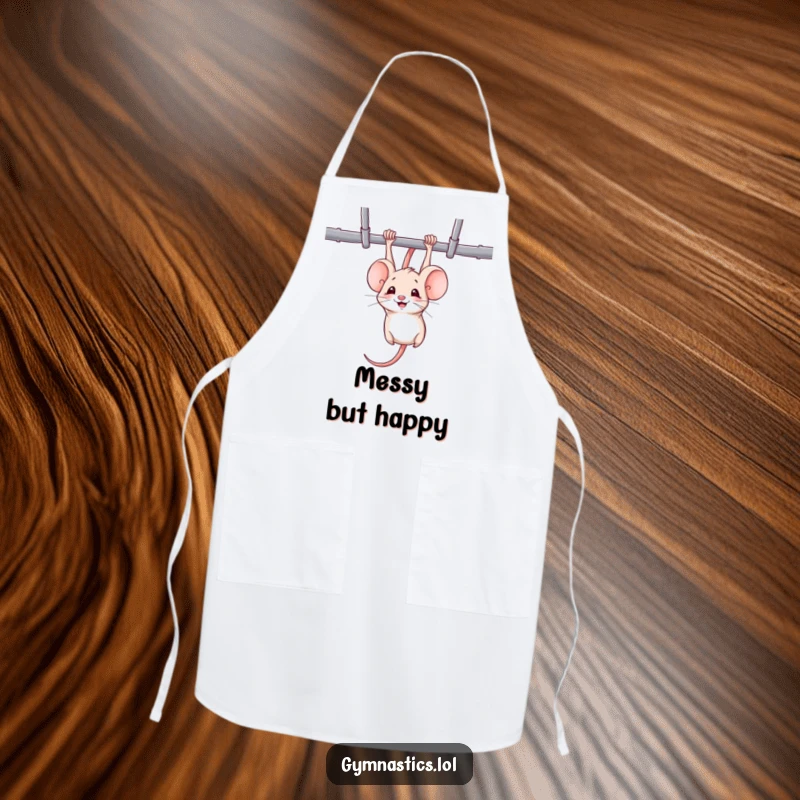 Funny mouse apron with a mischievous mouse hanging upside down from uneven bars, smiling, for humorous kitchen workouts.