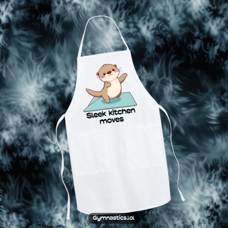 Funny otter apron with a graceful otter gliding across a floor exercise mat, arms sweeping, for humorous and elegant cooking.