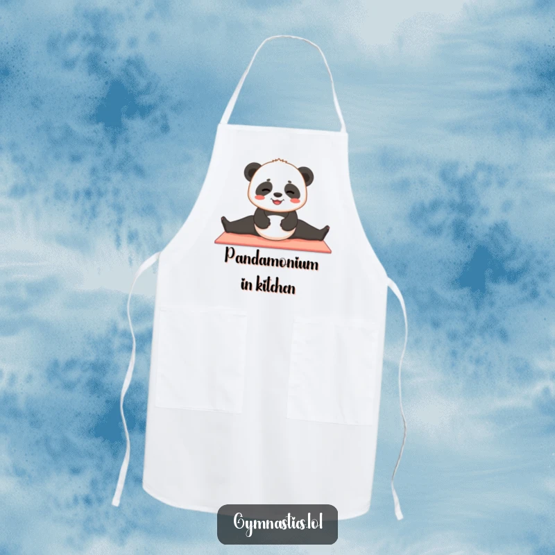 Funny panda apron with a contented panda cub attempting to do a split on a yoga mat, for humorous and peaceful cooking.