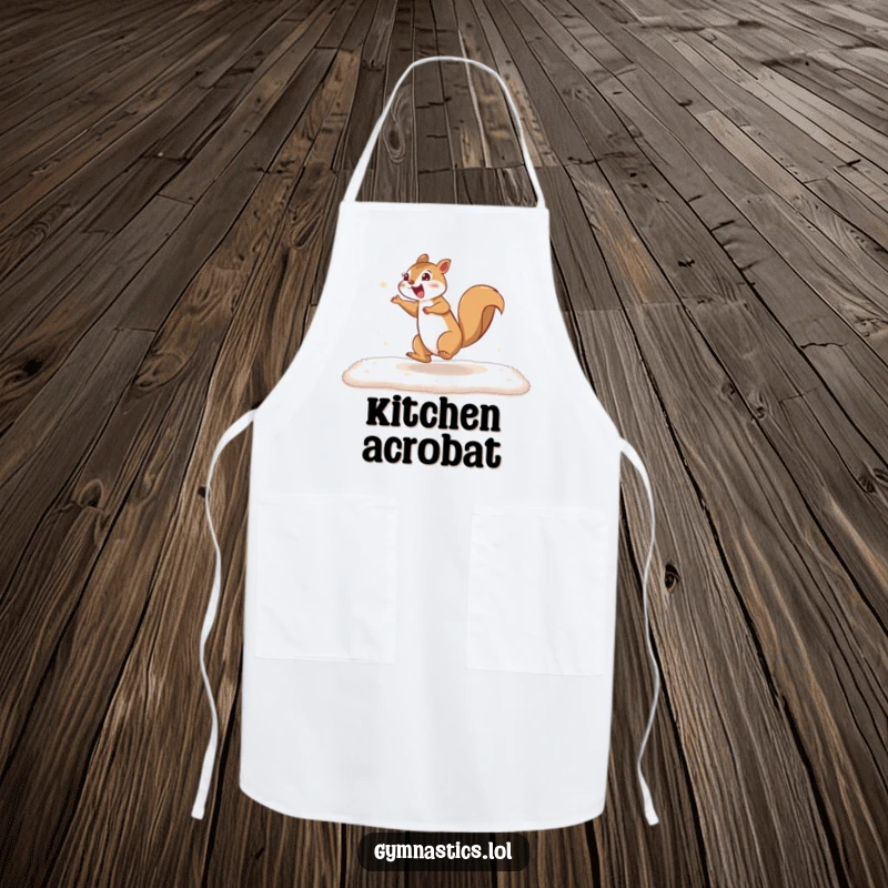 Funny squirrel apron featuring an excited squirrel cartwheeling on a mat, ideal for adding humor and a touch of active fun to cooking.