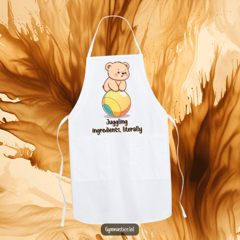 Funny apron showing a bear cub wobbling on a ball, adding humor to kitchen tasks and cooking.