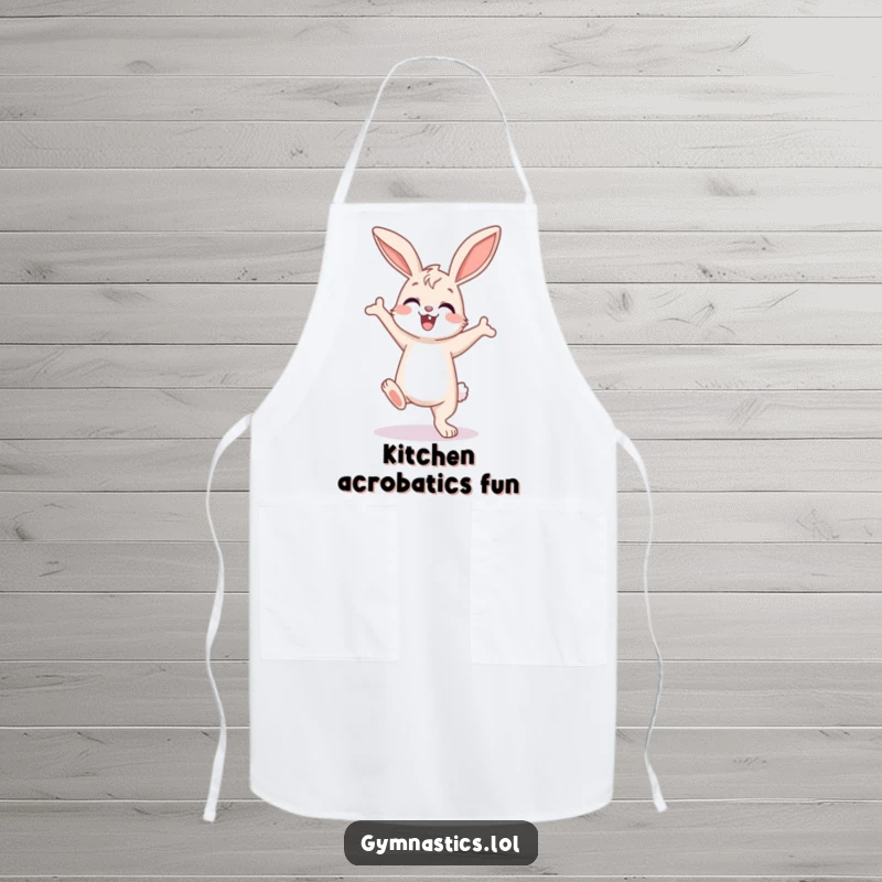 Funny Bunny Apron: Happy bunny performing a wobbly handstand, ready to tackle kitchen tasks with enthusiasm and a smile.