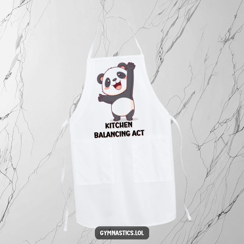 Funny panda attempting a handstand on a humorous apron, designed for kitchen activities with charm.