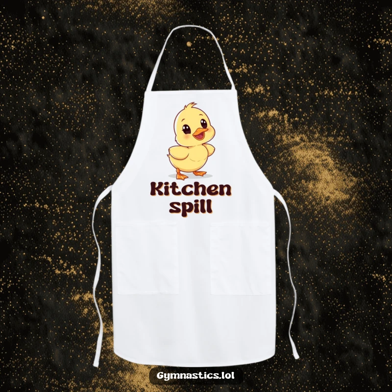 Funny wobbly duckling tumbling forward with a surprised expression on a durable apron, adding humor to cooking.