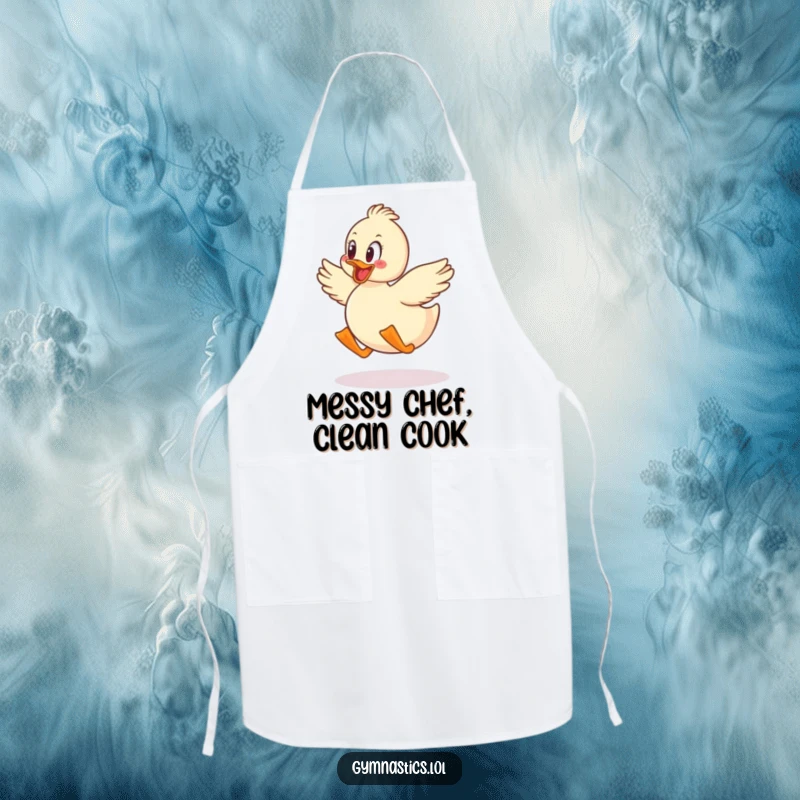 Funny duck jumping with glee on a humorous apron, designed for kitchen activities with joy.
