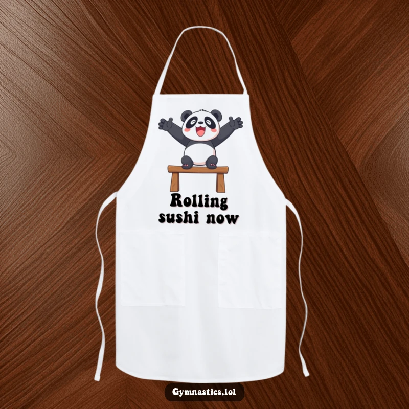 Funny apron with a delighted panda balancing on a beam with outstretched arms, adding humor to cooking.