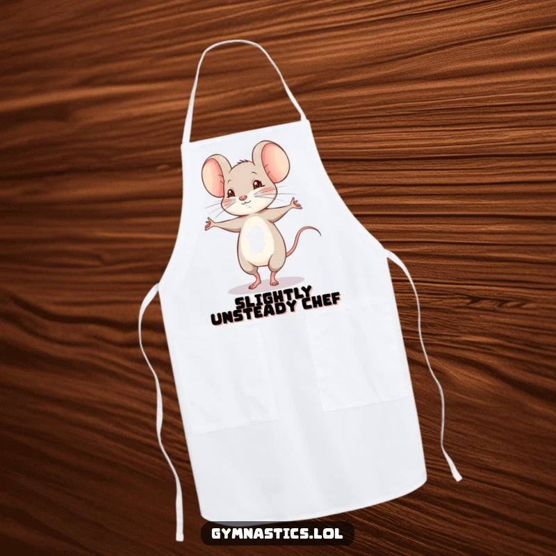 Funny shy mouse performing a shaky pirouette on an apron, a whimsical and practical kitchen accessory for bakers.