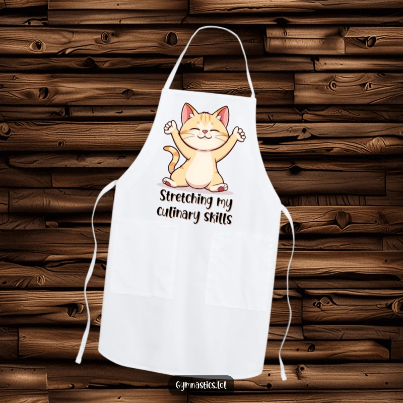 Funny cat in a yoga pose on a humorous apron, designed for kitchen activities and relaxation.