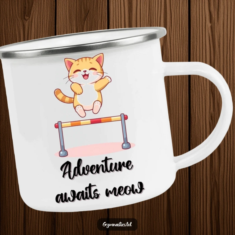 Funny Cat Camping Mug: A confident cat leaps over a miniature hurdle with ease, perfect for outdoor fun and making a great funny gift.