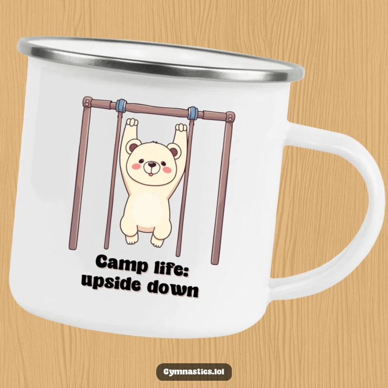 Funny Bear Gymnastics Camping Mug: A proud bear hangs upside down from uneven bars, perfect for enjoying drinks outdoors with a touch of humor.