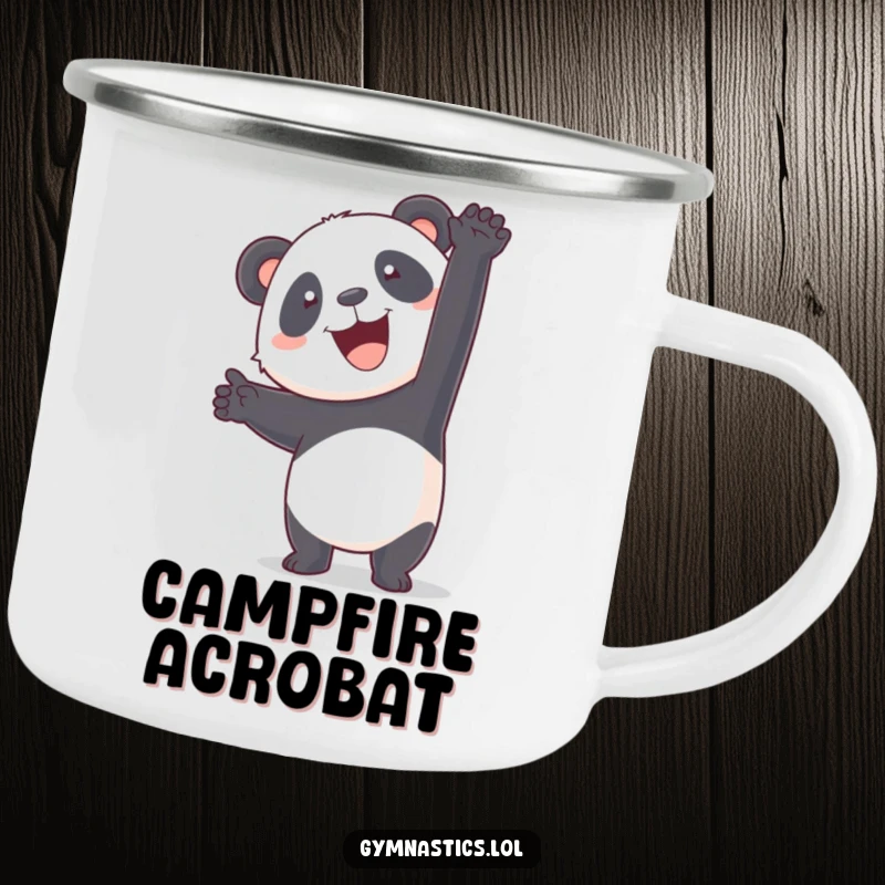 Funny panda attempting a handstand on an enamel camping mug, designed for outdoor humor and charm.