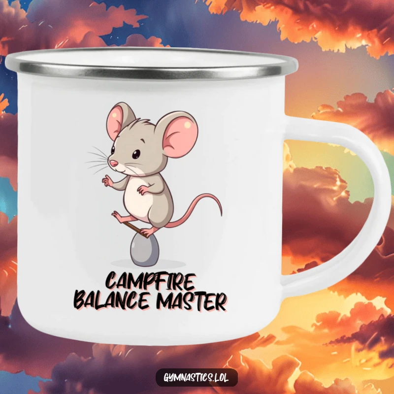 Funny Camping Mug: A determined mouse stands balanced on one toe, ready for outdoor adventures and humorous sips.