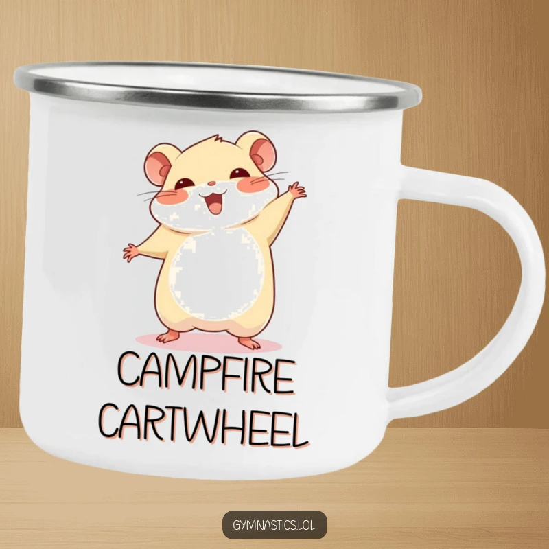 Funny chubby hamster cartwheel camping mug, depicted mid-cartwheel with a proud smile, bringing a humorous and celebratory vibe to any campsite.