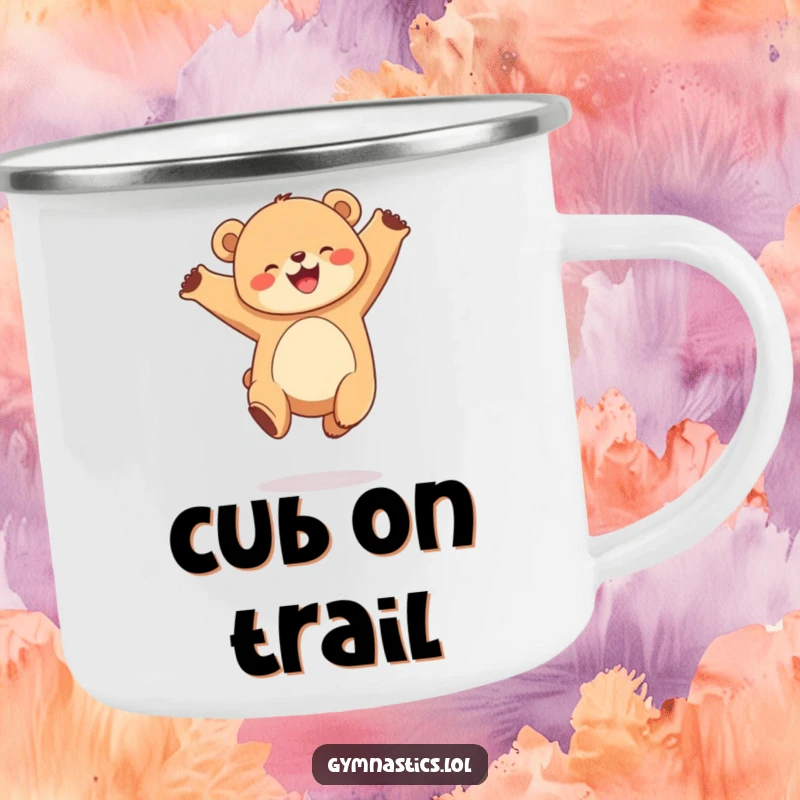 Funny camping mug featuring a joyful, round bear cub performing a graceful leap in the air, perfect for outdoor fun.