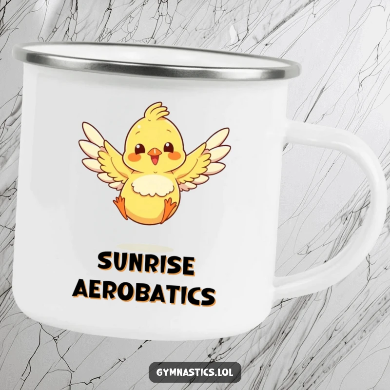 Funny chick landing a jump with spread wings on an enamel camping mug, ideal for outdoor humor.