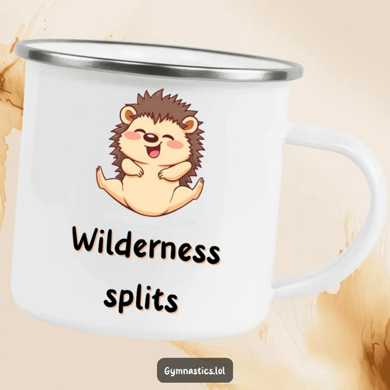 Funny hedgehog in a split pose on an enamel camping mug, designed for outdoor humor and flexibility.