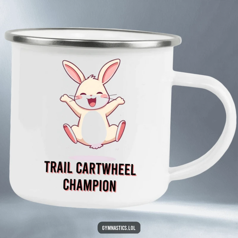 Funny camping mug featuring a bouncy rabbit performing a cartwheel with sheer joy, ideal for outdoor enjoyment.