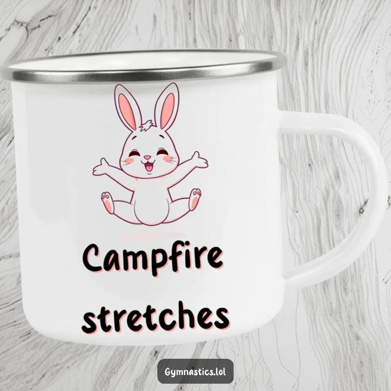 Funny bunny camping mug showing a cheerful bunny performing an askew split, ideal for outdoor humor and flexible fun.