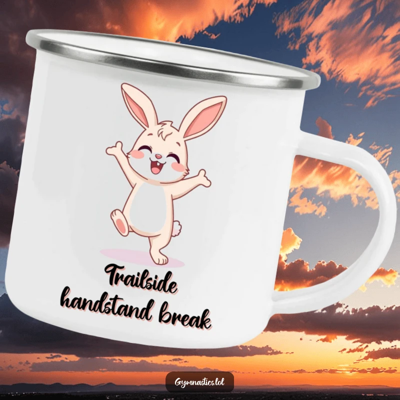 Funny Bunny Camping Mug: Happy bunny performing a wobbly handstand, ready for outdoor enjoyment and a dose of humor.