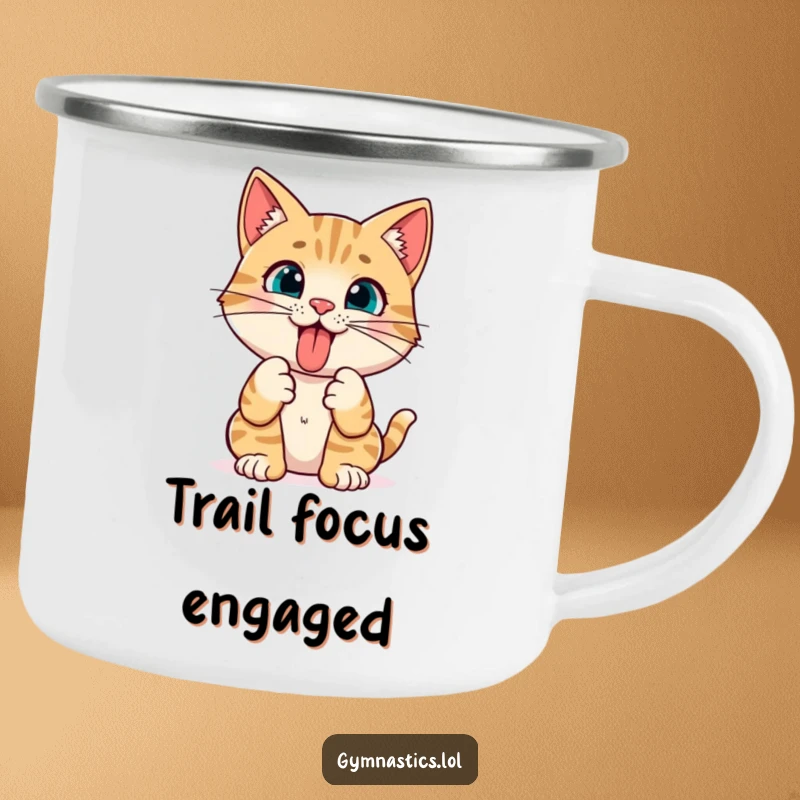 Funny Cat Yoga Camping Mug: A curious cat sticks its tongue out while holding a pose, perfect for enjoying drinks outdoors with feline humor.