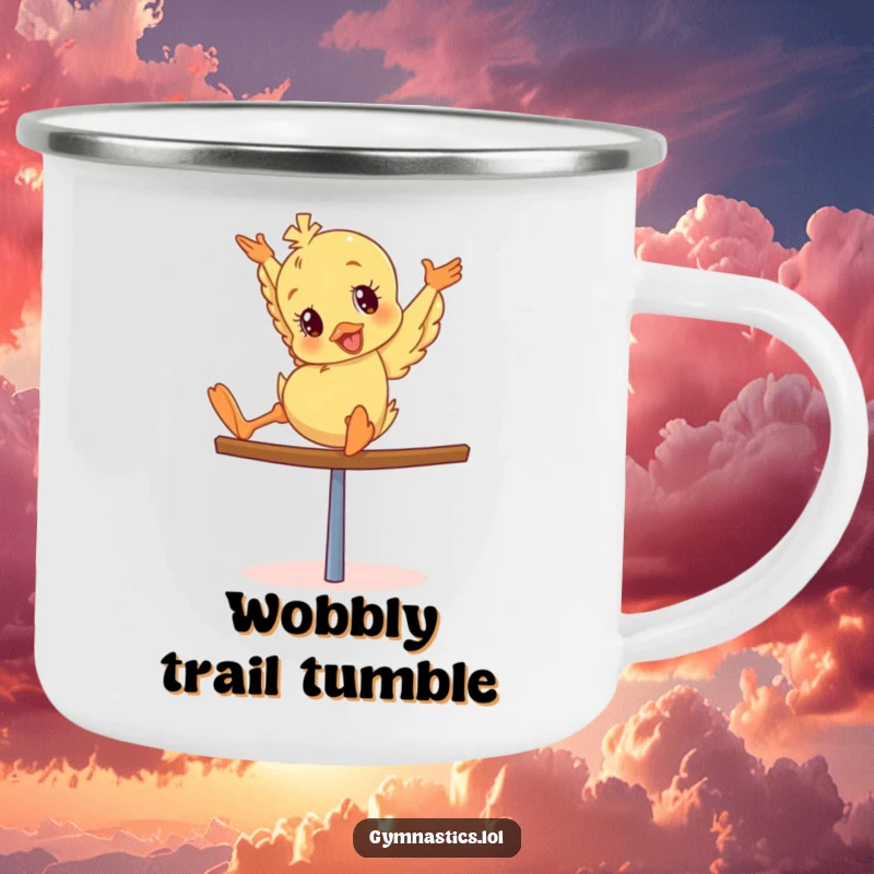 Funny Duckling Camping Mug: Giddy duckling tumbling head over heels on a balance beam, ready for outdoor enjoyment and laughs.