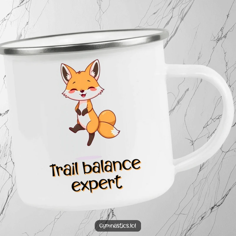 Funny camping mug with a smiling fox balancing expertly on one tiny foot, designed for outdoor fun and laughter.