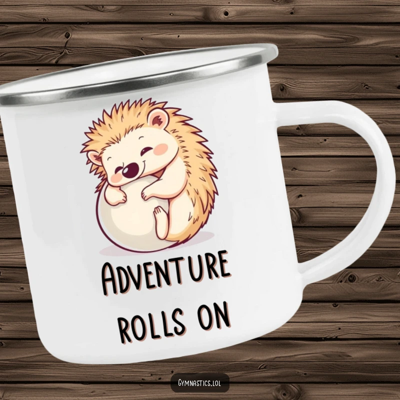 Funny Hedgehog Yoga Camping Mug: A happy hedgehog demonstrates a perfect yoga ball pose, ideal for enjoying drinks outdoors with humor.