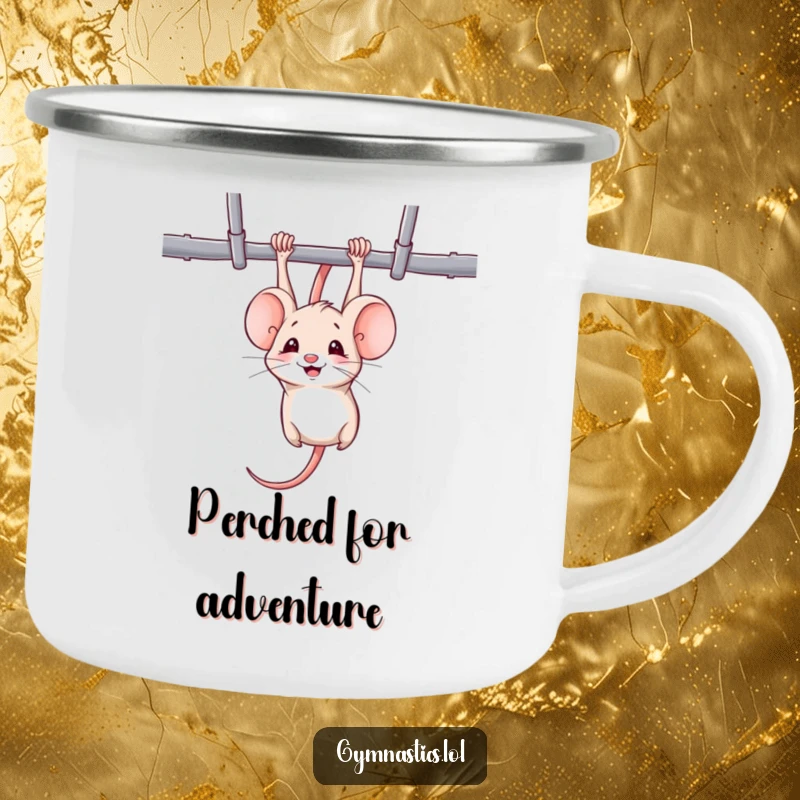 Funny mouse camping mug showing a mischievous mouse hanging upside down from uneven bars, smiling, perfect for outdoor fun.