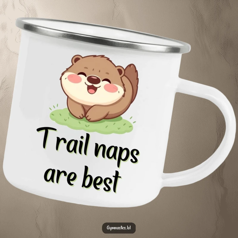 Funny camping mug with a happy, fluffy otter tumbling on grass, perfect for enjoying drinks outdoors with a side of humor.
