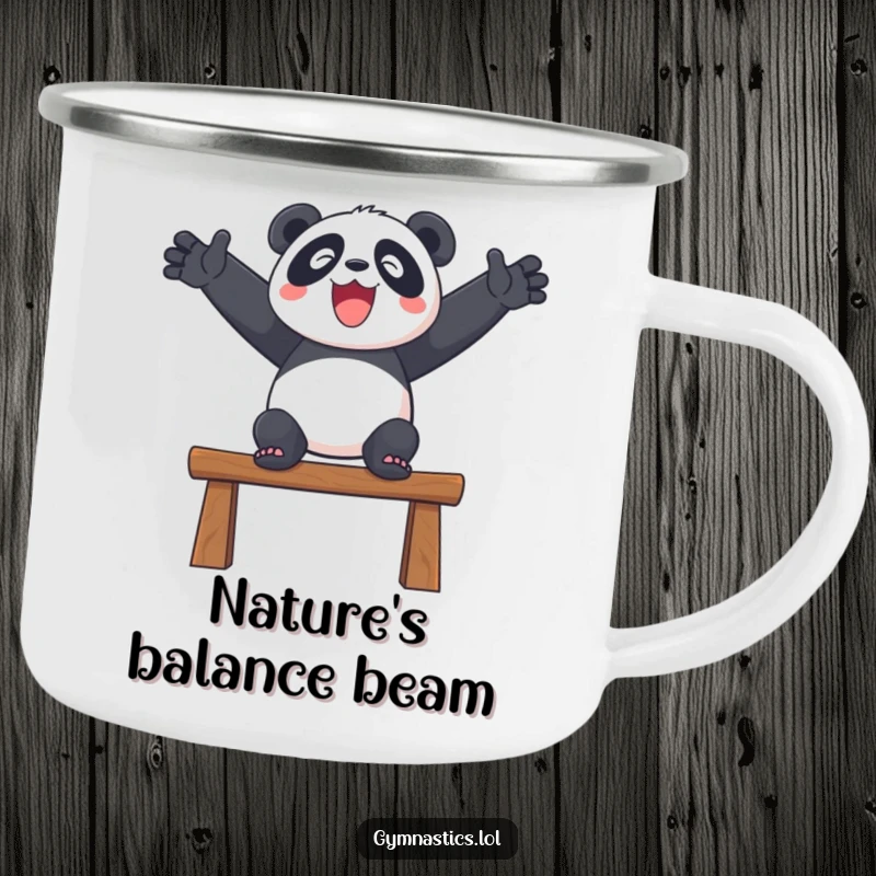 Funny camping mug featuring a delighted panda balancing on a beam with outstretched arms, perfect for outdoor enthusiasts.