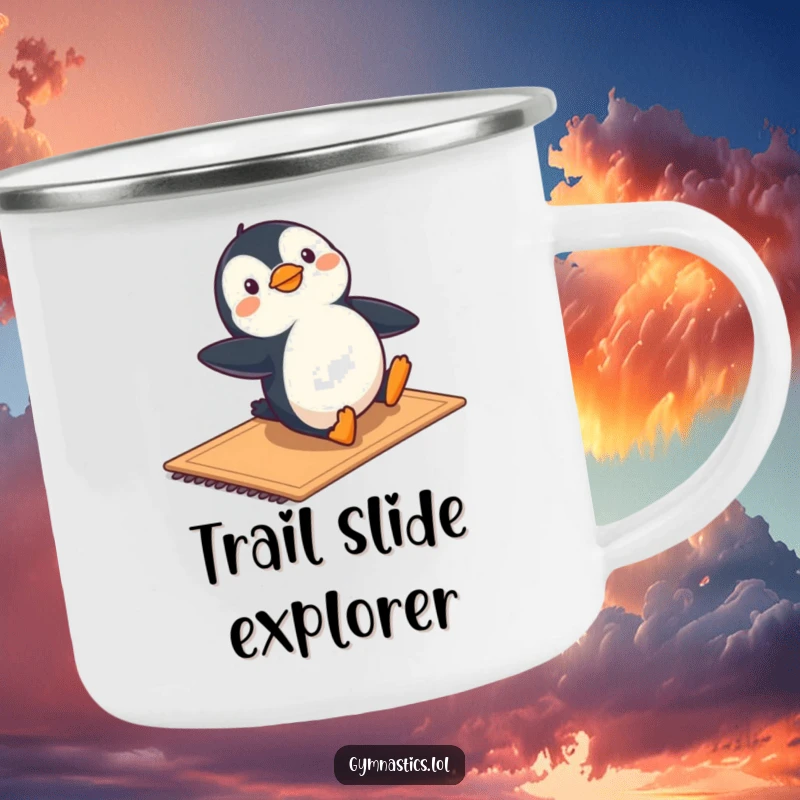 Funny camping mug of a penguin sliding with flair on a mat, ready for outdoor fun.