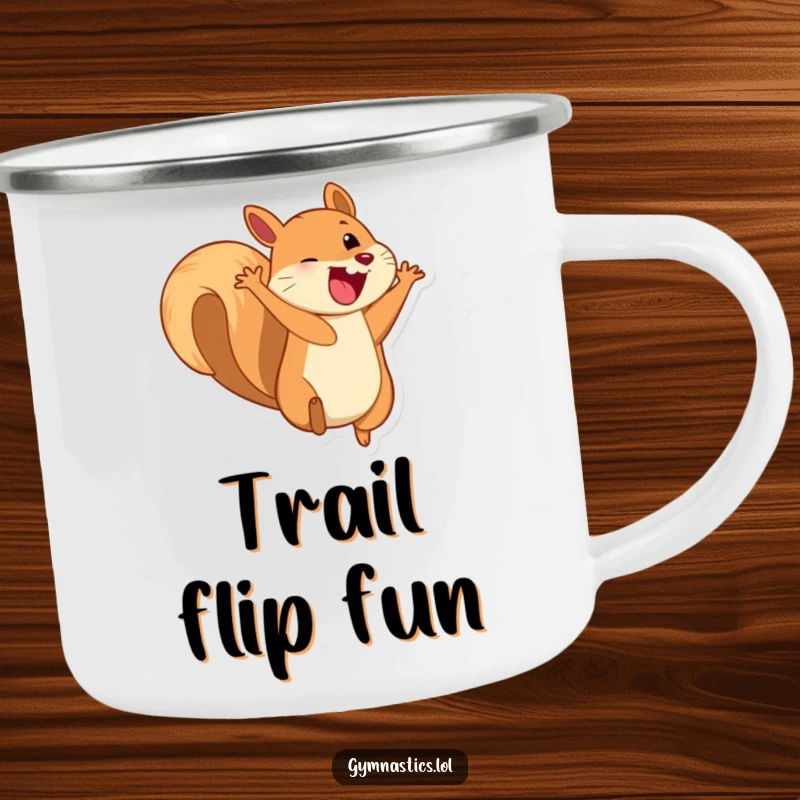 Funny camping mug featuring a playful squirrel doing a somersault with a huge, happy grin.