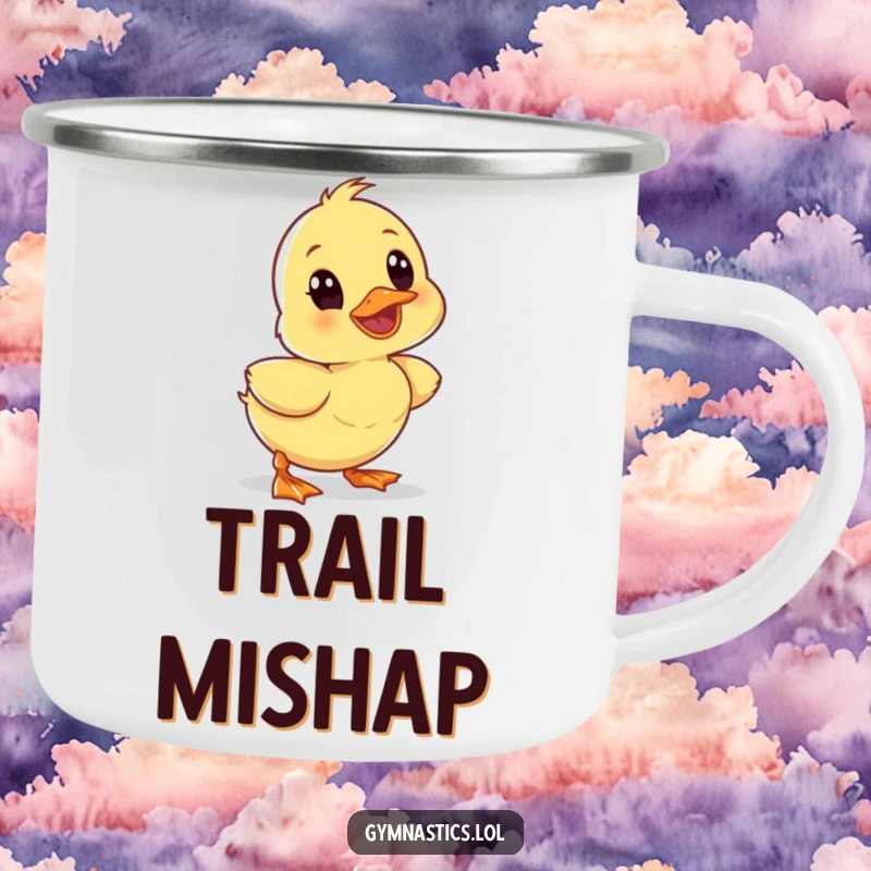 Funny wobbly duckling tumbling forward with a surprised expression on a rugged camping mug, ideal for outdoor enjoyment.
