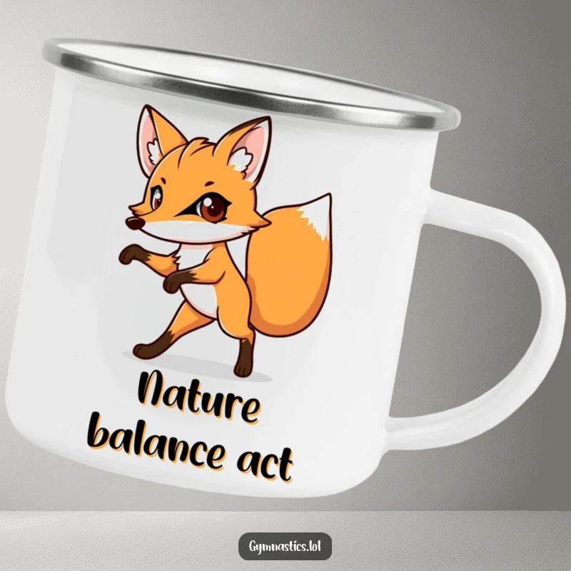 Funny camping mug with a determined fox balancing on one leg, large eyes looking ready for the wild.