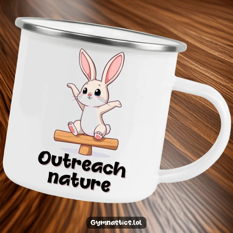 Funny bunny balance beam camping mug showing a curious bunny stretching, looking up, perfect for outdoor adventures with a touch of humor.