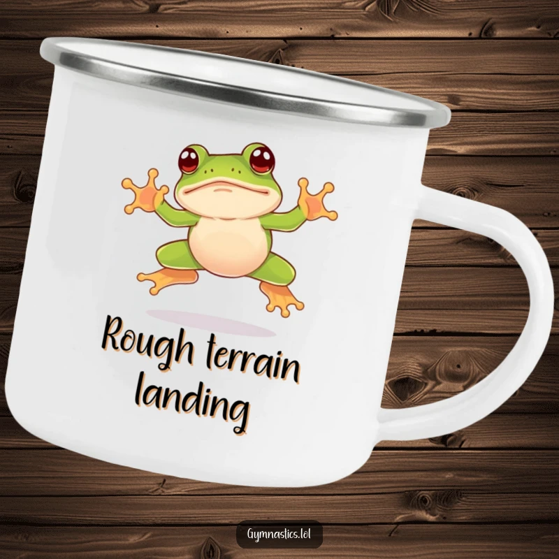 Funny frog camping mug showing a leaping frog landing awkwardly on its nose, ideal for outdoor humor and clumsy fun.