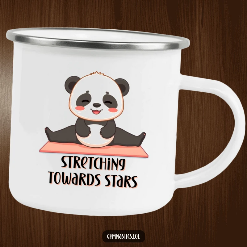 Funny panda camping mug showing a contented panda cub attempting to do a split on a yoga mat, perfect for outdoor peace.